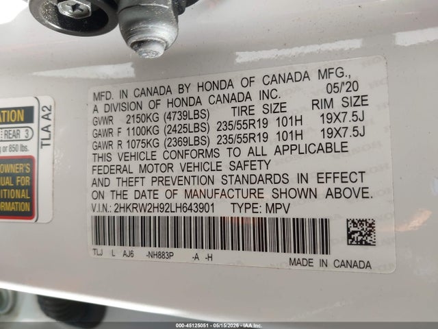 Продаж на аукціоні авто 2020 Honda Cr-v Awd Touring, vin: 2HKRW2H92LH643901, номер лоту: 45125051