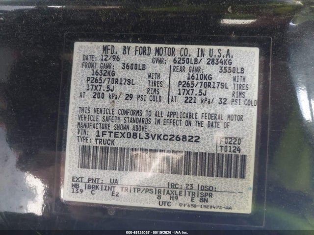 Продаж на аукціоні авто 1997 Ford F-150 Lariat/xl/xlt, vin: 1FTEX08L3VKC26822, номер лоту: 45125057