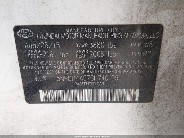 Aukcja sprzedaży 2016 Hyundai Elantra Value Edition, vin: 5NPDH4AE7GH740105, numer aukcji: 45125066