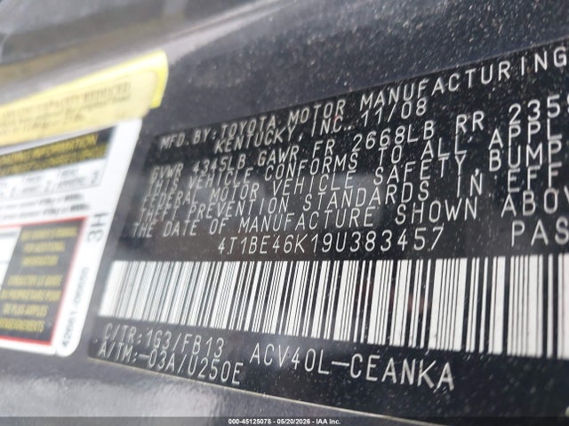 2009 Toyota Camry Le მანქანა იყიდება აუქციონზე, vin: 4T1BE46K19U383457, აუქციონის ნომერი: 45125078