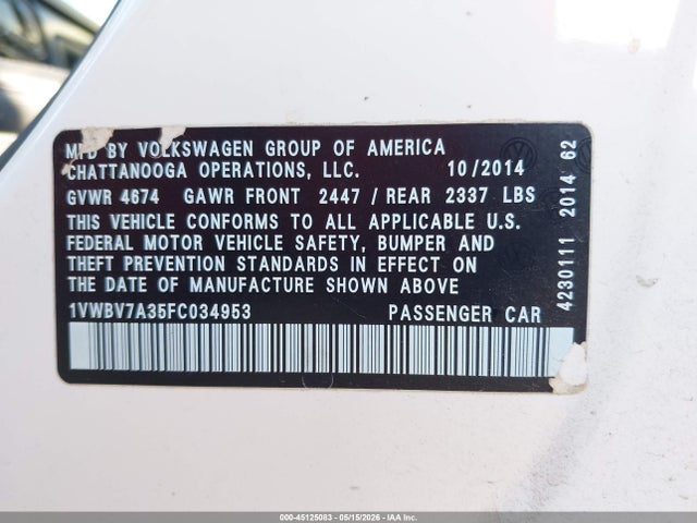 Aukcja sprzedaży 2015 Volkswagen Passat 2.0l Tdi Se, vin: 1VWBV7A35FC034953, numer aukcji: 45125083