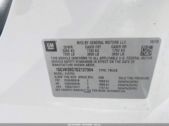 Auction sale of the 2016 Chevrolet Silverado 1500 1lz, vin: 1GCVKSEC7GZ127364, lot number: 45125088