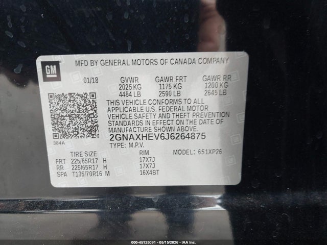 Aukcja sprzedaży 2018 Chevrolet Equinox Ls, vin: 2GNAXHEV6J6264875, numer aukcji: 45125091