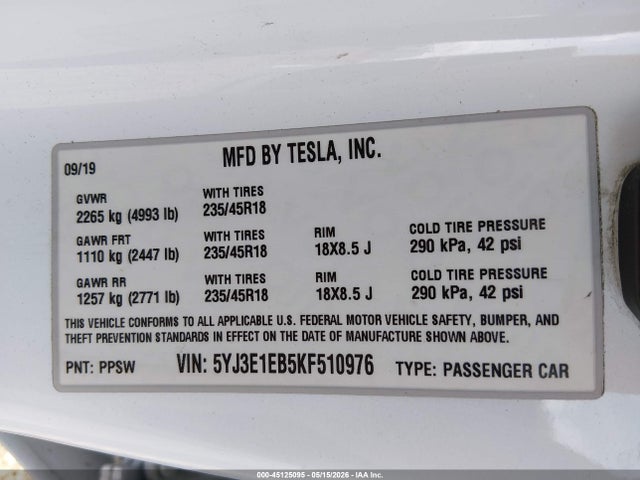 Tesla Model 3 Long Range/performance 2019 5YJ3E1EB5KF510976 Image 9