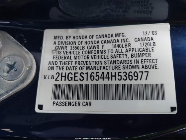 Продаж на аукціоні авто 2004 Honda Civic Lx, vin: 2HGES16544H536977, номер лоту: 45125108