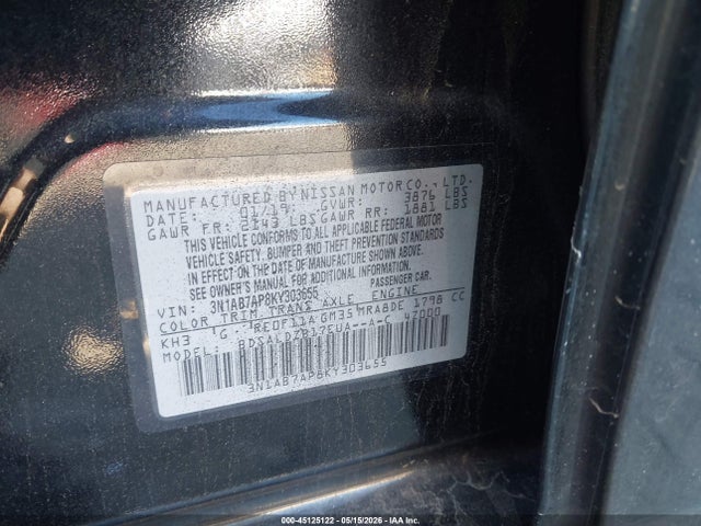 45125122 :رقم المزاد ، 3N1AB7AP8KY303655 vin ، 2019 Nissan Sentra Sv مزاد بيع