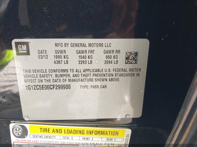 45125125 :رقم المزاد ، 1G1ZC5E06CF299900 vin ، 2012 Chevrolet Malibu 1lt مزاد بيع