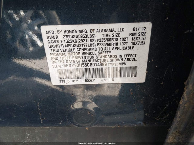 Продажа на аукционе авто 2012 Honda Pilot Ex-l, vin: 5FNYF3H55CB014999, номер лота: 45125128