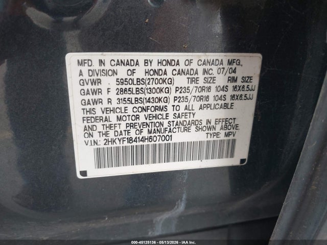 45125136 :رقم المزاد ، 2HKYF18414H607001 vin ، 2004 Honda Pilot Ex مزاد بيع