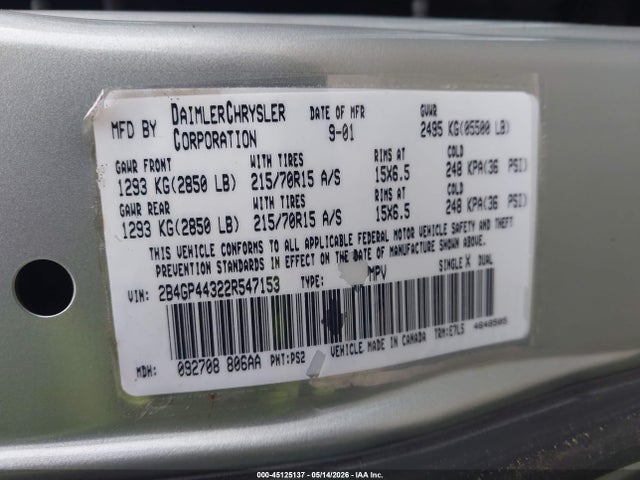 Aukcja sprzedaży 2002 Dodge Grand Caravan Sport, vin: 2B4GP44322R547153, numer aukcji: 45125137