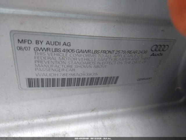 45125149 :رقم المزاد ، WAUDH78E98A053835 vin ، 2008 Audi A4 3.2 مزاد بيع