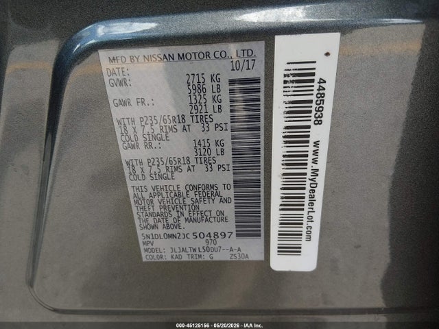 45125156 :رقم المزاد ، 5N1DL0MN2JC504897 vin ، 2018 Infiniti Qx60 مزاد بيع