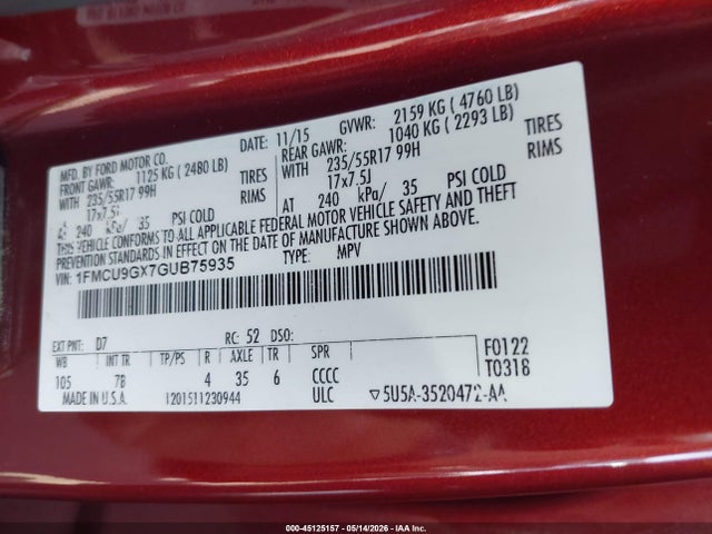 Ford ESCAPE SE 2016 1FMCU9GX7GUB75935 Image 9