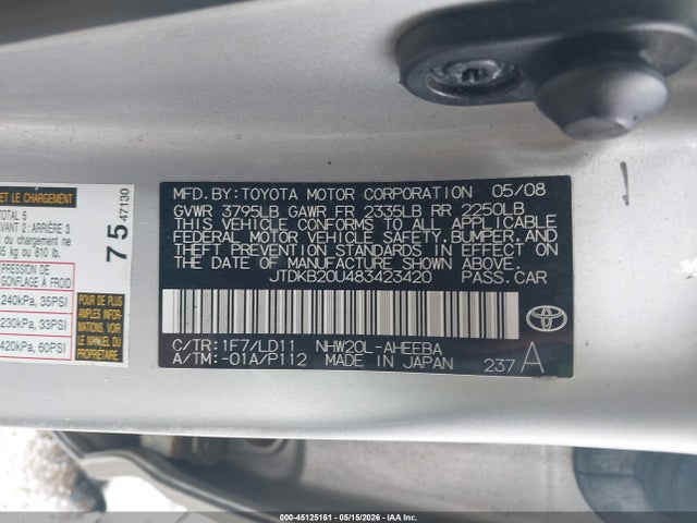 Продаж на аукціоні авто 2008 Toyota Prius, vin: JTDKB20U483423420, номер лоту: 45125161