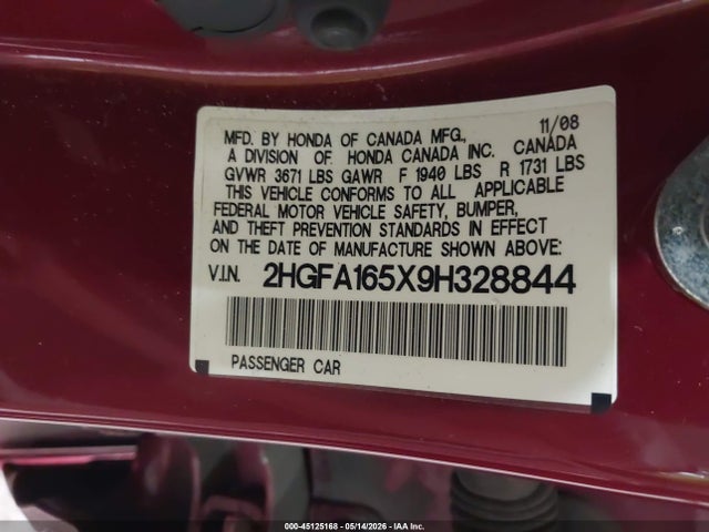 Aukcja sprzedaży 2009 Honda Civic Lx, vin: 2HGFA165X9H328844, numer aukcji: 45125168