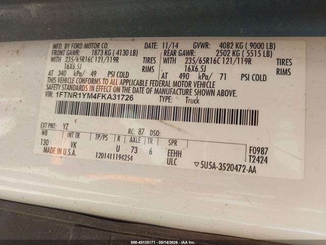 Aukcja sprzedaży 2015 Ford Transit-250, vin: 1FTNR1YM4FKA31726, numer aukcji: 45125171
