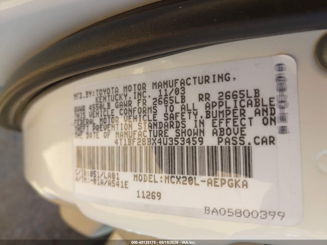 45125175 :رقم المزاد ، 4T1BF28BX4U353459 vin ، 2004 Toyota Avalon Xls مزاد بيع