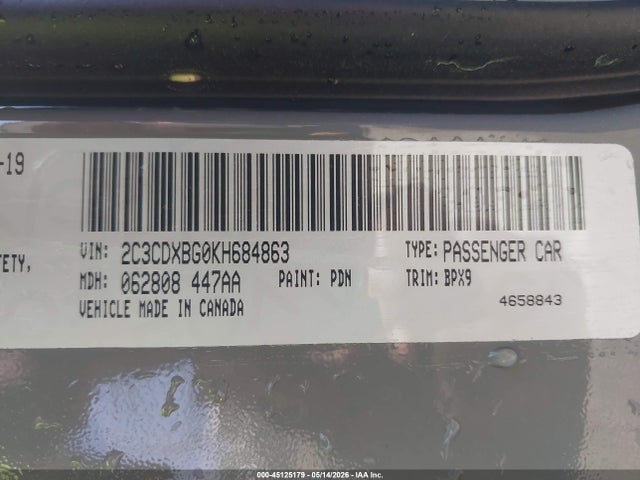 45125179 :رقم المزاد ، 2C3CDXBG0KH684863 vin ، 2019 Dodge Charger Sxt Rwd مزاد بيع