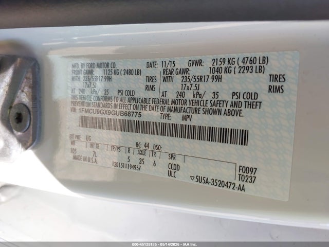 Aukcja sprzedaży 2016 Ford Escape Se, vin: 1FMCU9GX9GUB68775, numer aukcji: 45125185