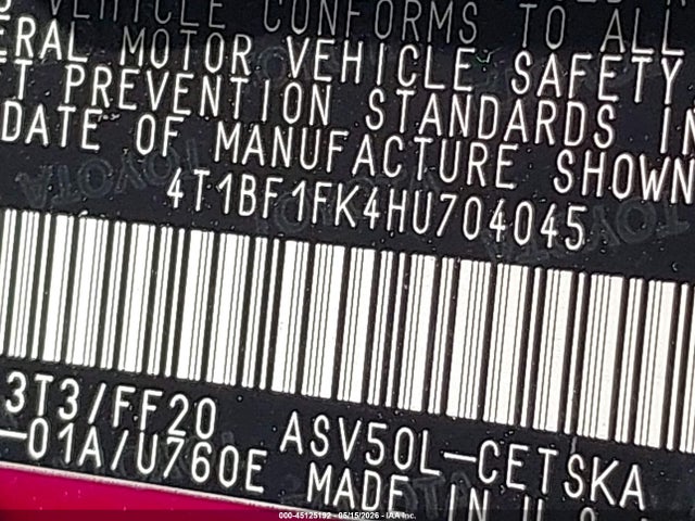 Продажа на аукционе авто 2017 Toyota Camry Se, vin: 4T1BF1FK4HU704045, номер лота: 45125192