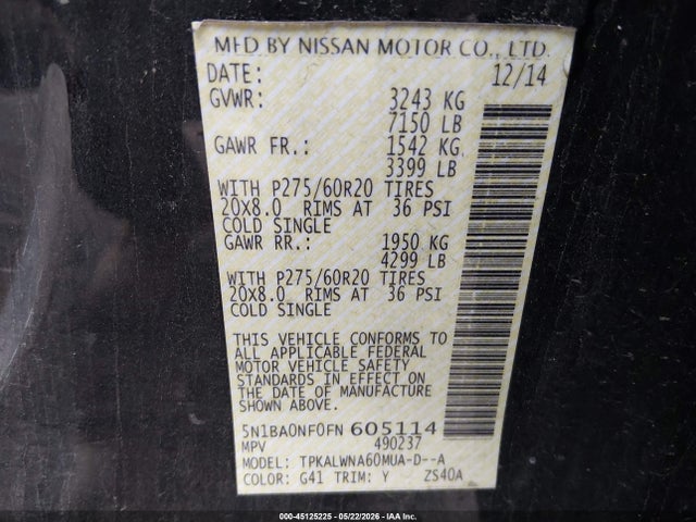 2015 Nissan Armada Platinum მანქანა იყიდება აუქციონზე, vin: 5N1BA0NF0FN605114, აუქციონის ნომერი: 45125225