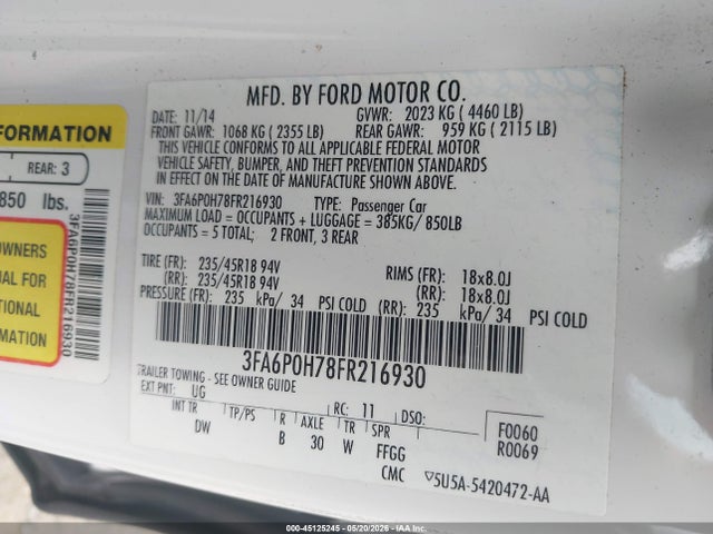 Aukcja sprzedaży 2015 Ford Fusion Se, vin: 3FA6P0H78FR216930, numer aukcji: 45125245