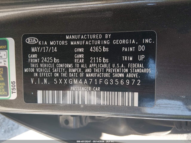 Продажа на аукционе авто 2015 Kia Optima Lx, vin: 5XXGM4A71FG356972, номер лота: 45125247