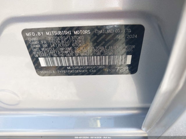 45125254 :رقم المزاد ، ML32AUHJ0RH027968 vin ، 2024 Mitsubishi Mirage Es/le مزاد بيع