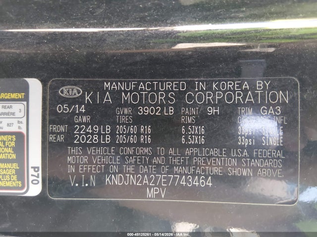 45125261 :رقم المزاد ، KNDJN2A27E7743464 vin ، 2014 Kia Soul مزاد بيع