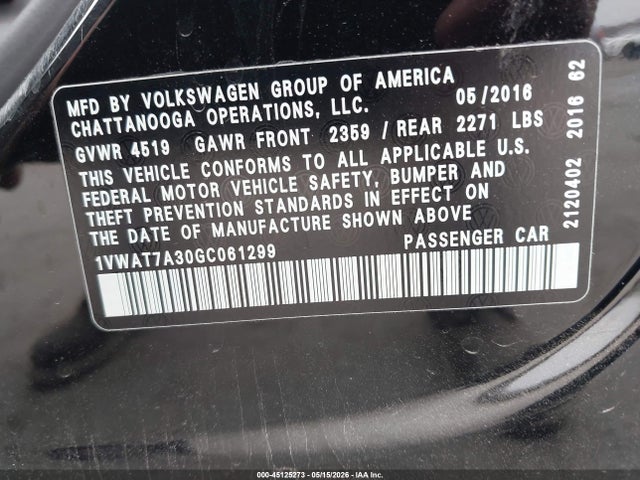 45125273 :رقم المزاد ، 1VWAT7A30GC061299 vin ، 2016 Volkswagen Passat 1.8t R-line مزاد بيع