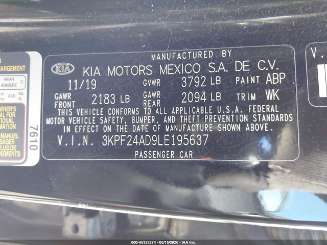 45125274 :رقم المزاد ، 3KPF24AD9LE195637 vin ، 2020 Kia Forte Lxs مزاد بيع