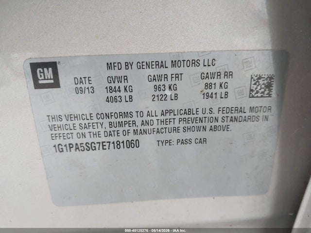 45125276 :رقم المزاد ، 1G1PA5SG7E7181060 vin ، 2014 Chevrolet Cruze Ls Auto مزاد بيع