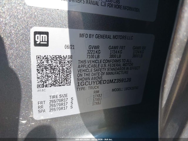 45125284 :رقم المزاد ، 1GCUYDED1MZ359128 vin ، 2021 Chevrolet Silverado 1500 4wd  Standard Bed Lt مزاد بيع