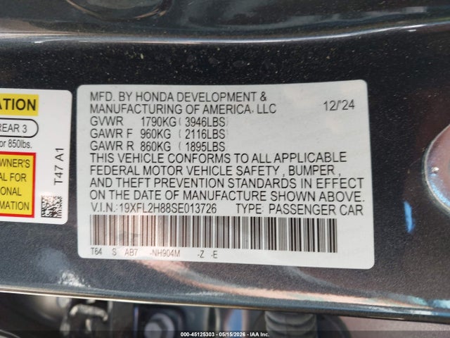 2025 Honda Civic Sedan Sport მანქანა იყიდება აუქციონზე, vin: 19XFL2H88SE013726, აუქციონის ნომერი: 45125303