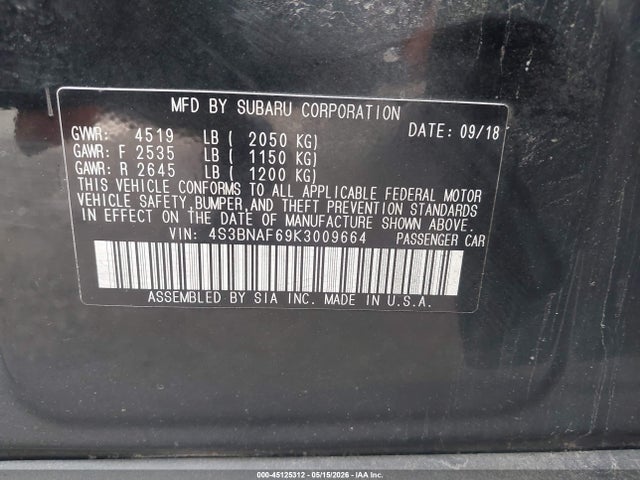 Aukcja sprzedaży 2019 Subaru Legacy 2.5i Premium, vin: 4S3BNAF69K3009664, numer aukcji: 45125312
