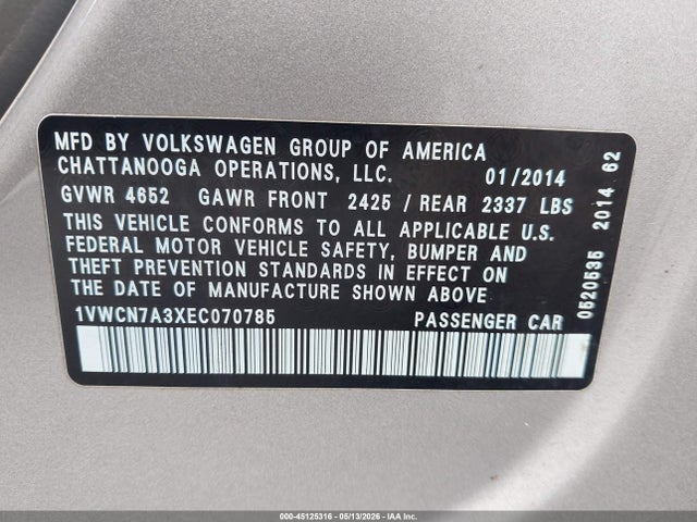 Продаж на аукціоні авто 2014 Volkswagen Passat 2.0l Tdi Sel Premium, vin: 1VWCN7A3XEC070785, номер лоту: 45125316