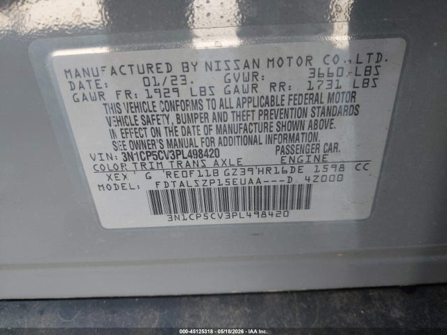 Продажа на аукционе авто 2023 Nissan Kicks Sv Xtronic Cvt, vin: 3N1CP5CV3PL498420, номер лота: 45125318