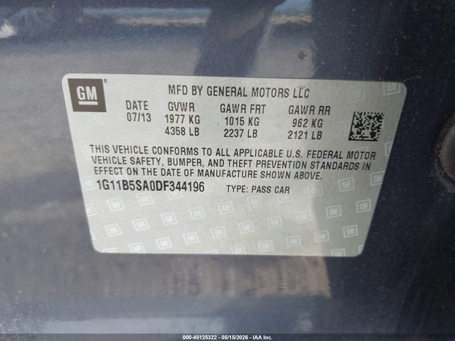 Aukcja sprzedaży 2013 Chevrolet Malibu 1ls, vin: 1G11B5SA0DF344196, numer aukcji: 45125322