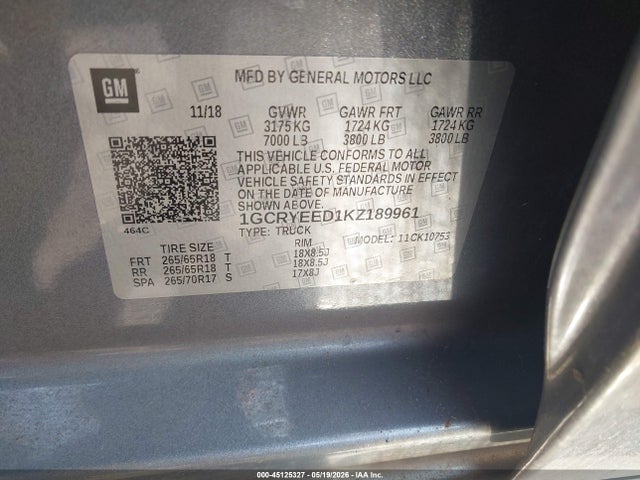 Aukcja sprzedaży 2019 Chevrolet Silverado 1500 Rst, vin: 1GCRYEED1KZ189961, numer aukcji: 45125327