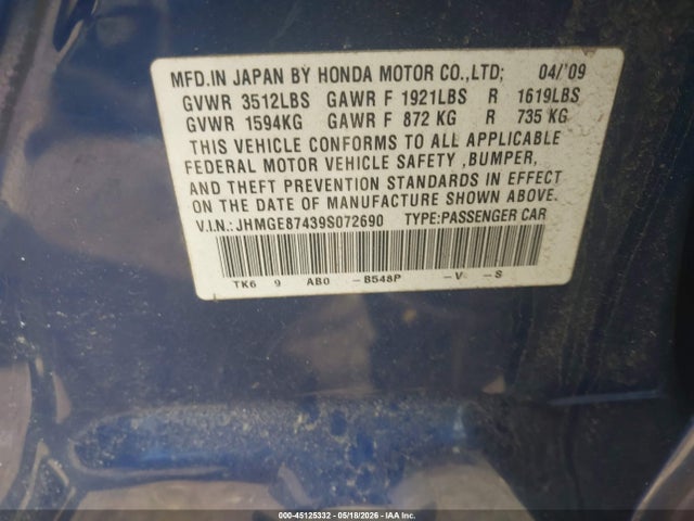2009 Honda Fit Sport მანქანა იყიდება აუქციონზე, vin: JHMGE87439S072690, აუქციონის ნომერი: 45125332