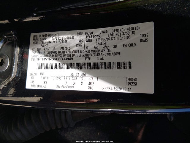 45125334 :رقم المزاد ، 1FTFW1RG5LFB33949 vin ، 2020 Ford F-150 Raptor مزاد بيع