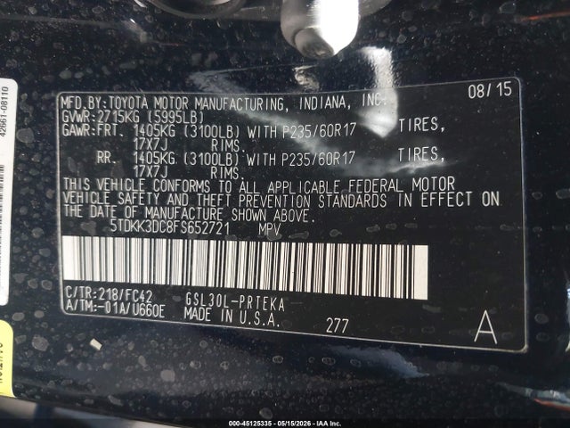 5TDKK3DC8FS652721 Toyota Sienna Le 8 Passenger