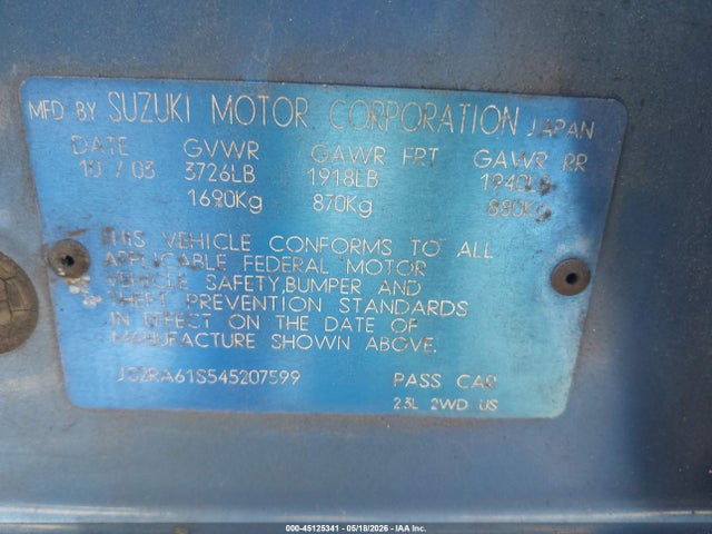 2004 Suzuki Aerio Lx/s მანქანა იყიდება აუქციონზე, vin: JS2RA61S545207599, აუქციონის ნომერი: 45125341