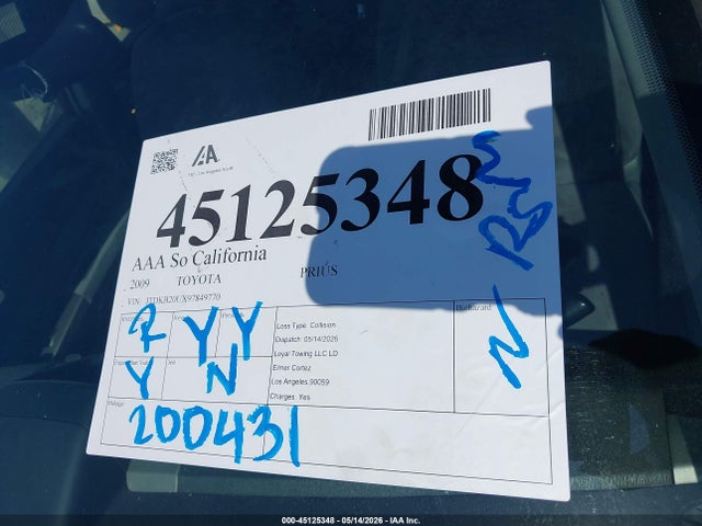 2009 Toyota Prius მანქანა იყიდება აუქციონზე, vin: JTDKB20UX97849770, აუქციონის ნომერი: 45125348