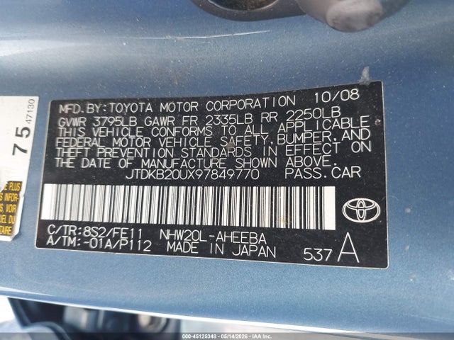 2009 Toyota Prius მანქანა იყიდება აუქციონზე, vin: JTDKB20UX97849770, აუქციონის ნომერი: 45125348