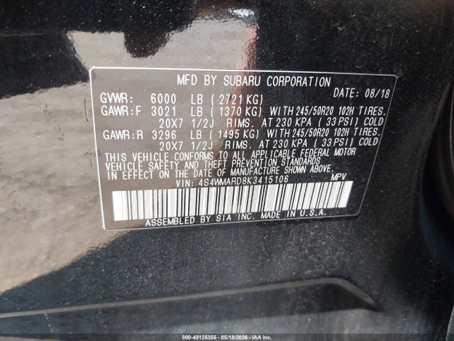 Продажа на аукционе авто 2019 Subaru Ascent Touring, vin: 4S4WMARD8K3415106, номер лота: 45125355