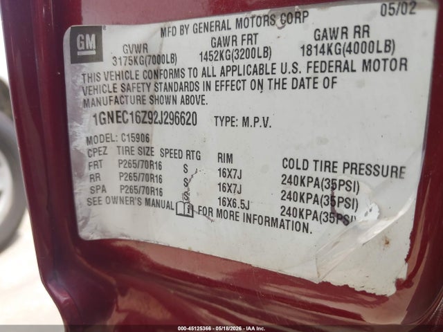 2002 Chevrolet Suburban 1500 Lt მანქანა იყიდება აუქციონზე, vin: 1GNEC16Z92J296620, აუქციონის ნომერი: 45125366