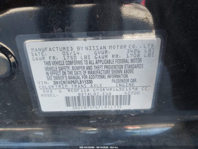 3N1CN7AP6FL811335 Nissan Versa 1.6 Sv