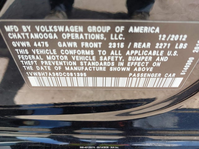 45125374 :رقم المزاد ، 1VWBH7A36DC081395 vin ، 2013 Volkswagen Passat 2.5l Se مزاد بيع