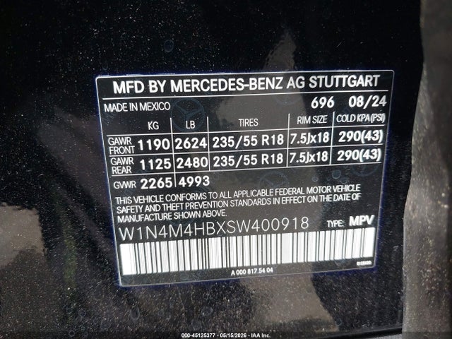 2025 Mercedes-benz Glb 250 4matic მანქანა იყიდება აუქციონზე, vin: W1N4M4HBXSW400918, აუქციონის ნომერი: 45125377